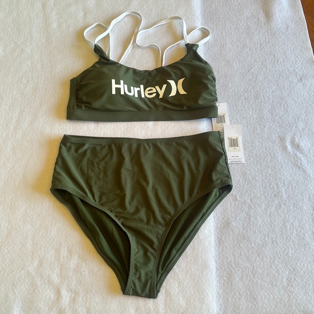 Hurley Olive Green High Waist Bikini Set Womens Size 1X Swim Strappy Back NWT